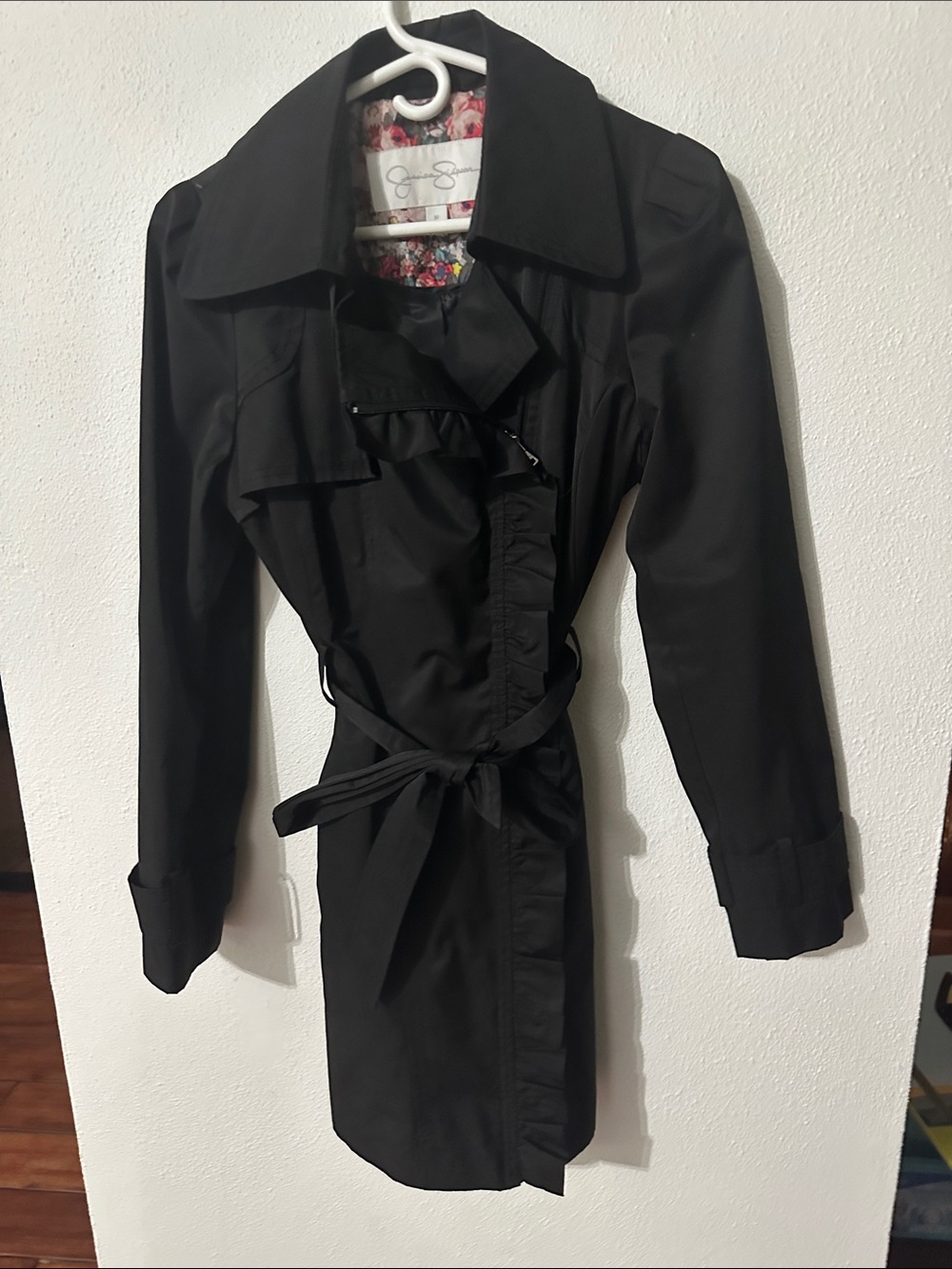 Jessica Simpson Black Ruffle-Front Trench Coat with Self-Tie Waist